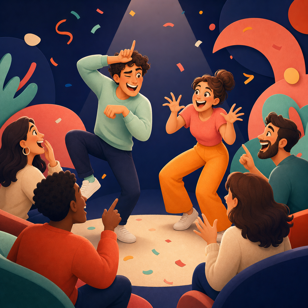 Amigos se divertindo em uma partida de mímica